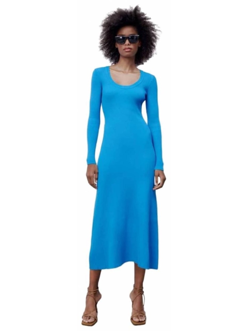 Zara Aqua-Blue Ribbed Sweater Midi Dress
